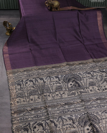 Pure dupion silk saree jamun shade and beige with plain body and madhubani printed pallu