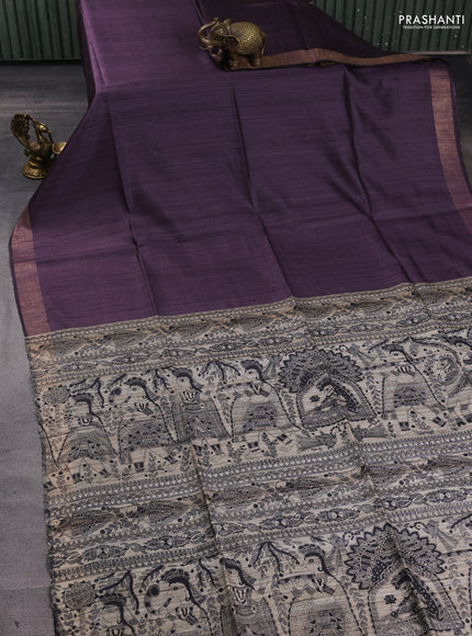Pure dupion silk saree jamun shade and beige with plain body and madhubani printed pallu