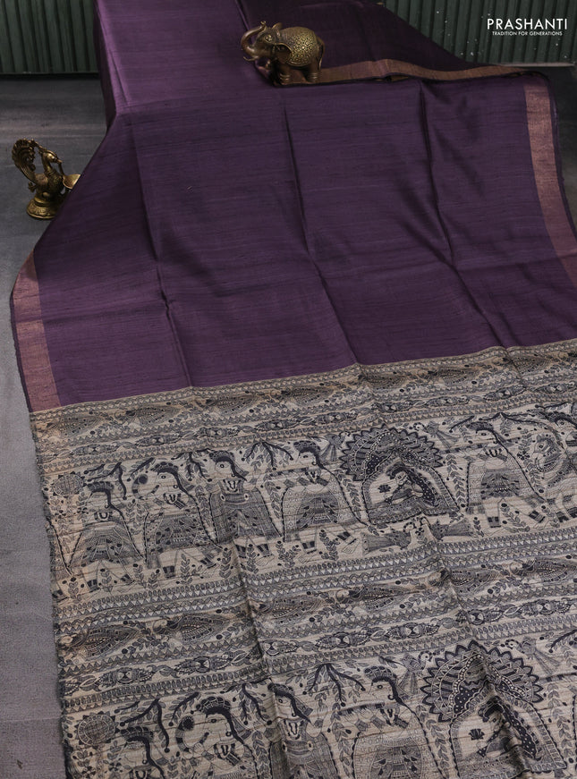 Pure dupion silk saree jamun shade and beige with plain body and madhubani printed pallu