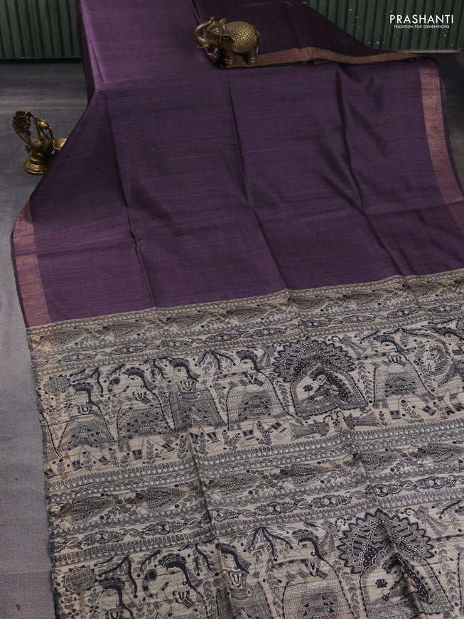 Pure dupion silk saree jamun shade and beige with plain body and madhubani printed pallu