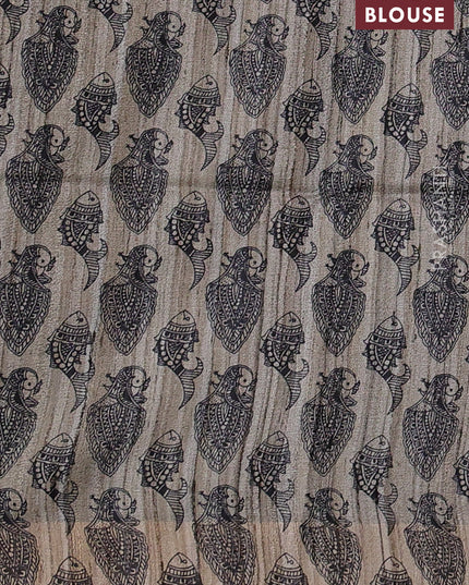 Pure dupion silk saree jamun shade and beige with plain body and madhubani printed pallu