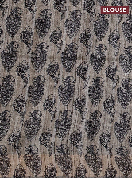 Pure dupion silk saree jamun shade and beige with plain body and madhubani printed pallu