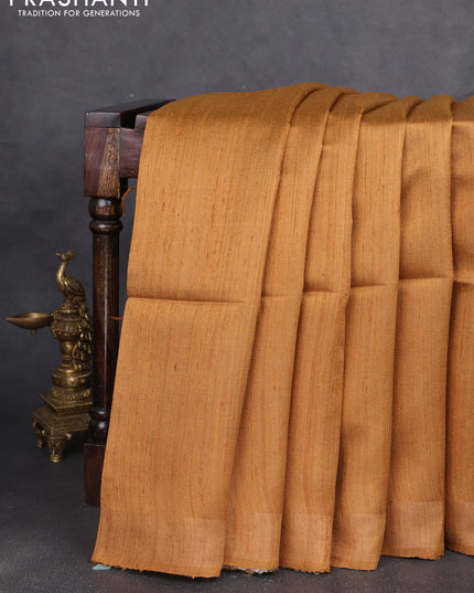 Pure dupion silk saree mustard yellow and beige with plain body and madhubani printed pallu