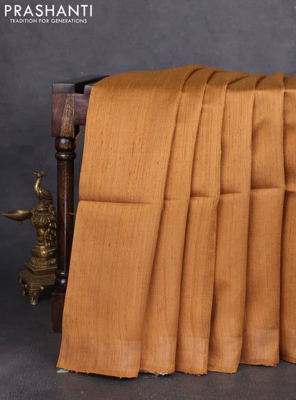 Pure dupion silk saree mustard yellow and beige with plain body and madhubani printed pallu