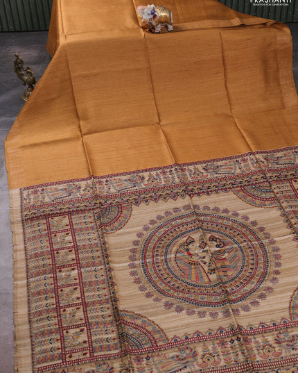 Pure dupion silk saree mustard yellow and beige with plain body and madhubani printed pallu