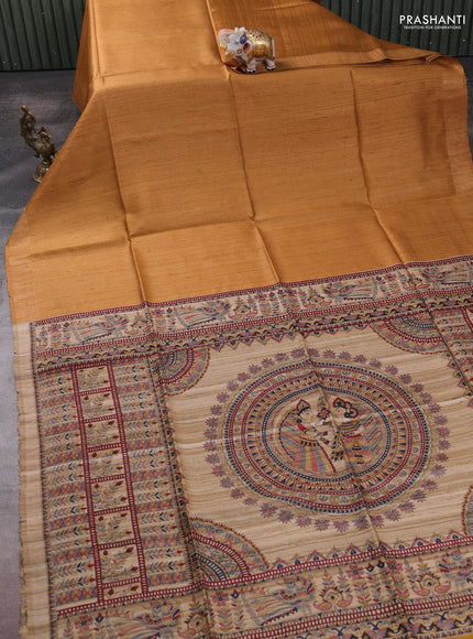 Pure dupion silk saree mustard yellow and beige with plain body and madhubani printed pallu