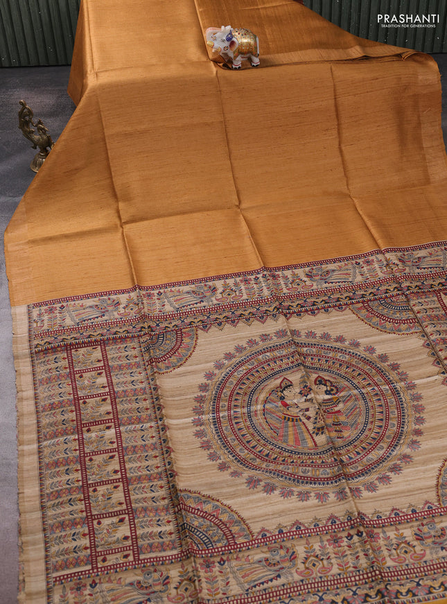 Pure dupion silk saree mustard yellow and beige with plain body and madhubani printed pallu