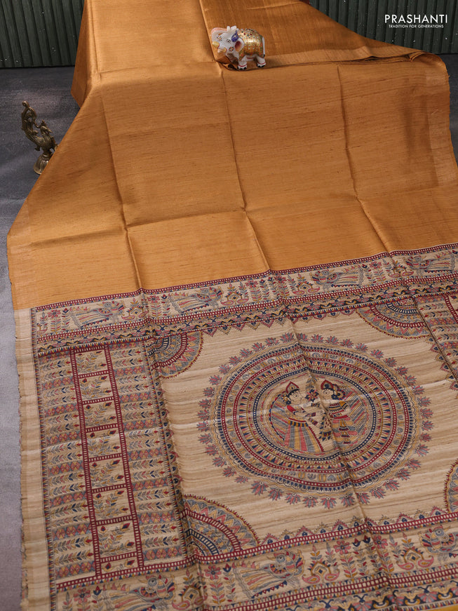 Pure dupion silk saree mustard yellow and beige with plain body and madhubani printed pallu