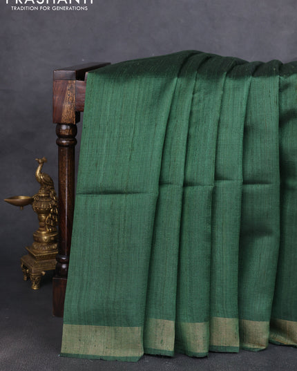 Pure dupion silk saree green and beige with plain body and madhubani printed pallu