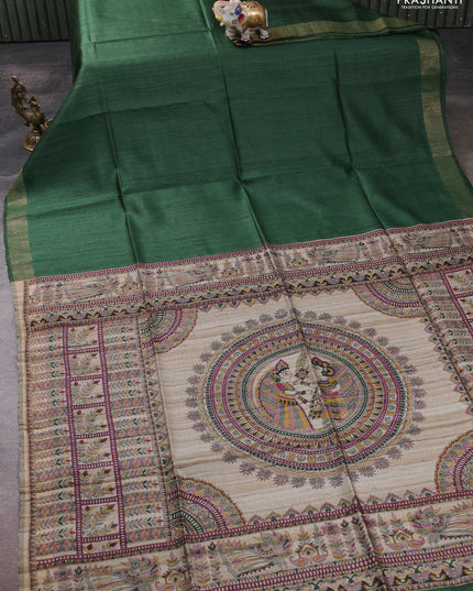 Pure dupion silk saree green and beige with plain body and madhubani printed pallu