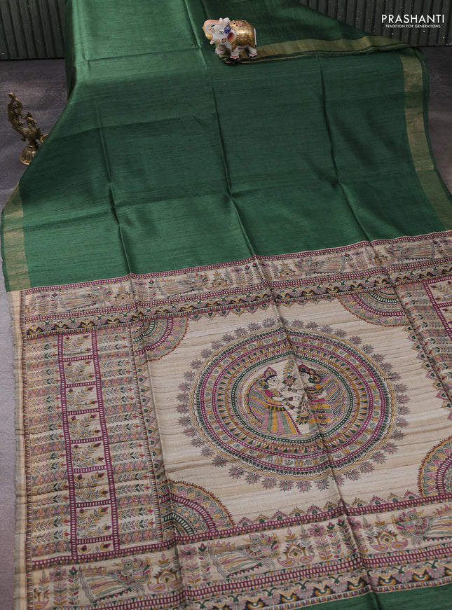 Pure dupion silk saree green and beige with plain body and madhubani printed pallu