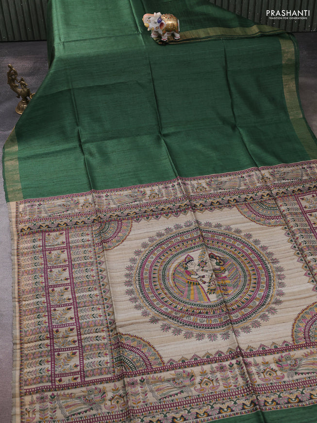 Pure dupion silk saree green and beige with plain body and madhubani printed pallu