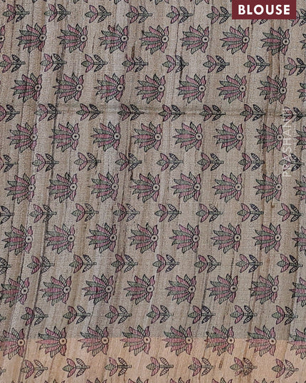 Pure dupion silk saree green and beige with plain body and madhubani printed pallu
