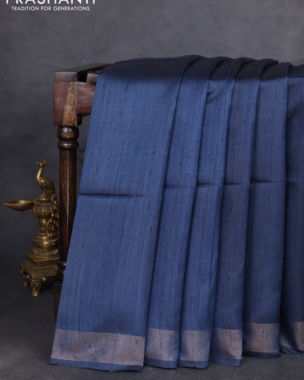 Pure dupion silk saree peacock blue and beige with plain body and madhubani printed pallu