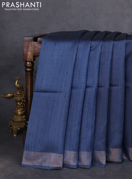 Pure dupion silk saree peacock blue and beige with plain body and madhubani printed pallu