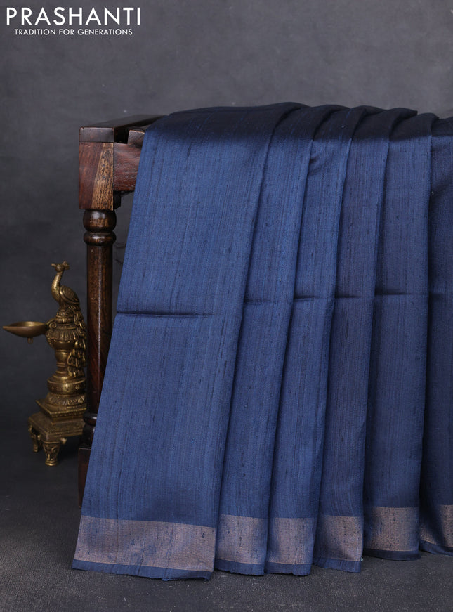 Pure dupion silk saree peacock blue and beige with plain body and madhubani printed pallu