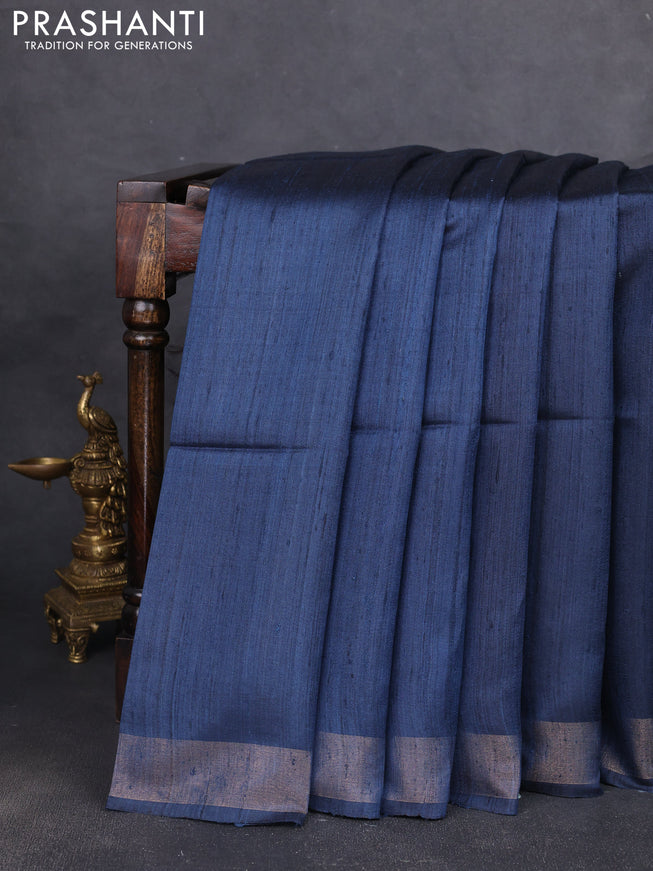 Pure dupion silk saree peacock blue and beige with plain body and madhubani printed pallu