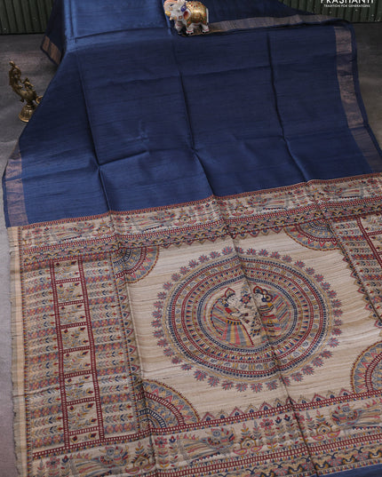 Pure dupion silk saree peacock blue and beige with plain body and madhubani printed pallu