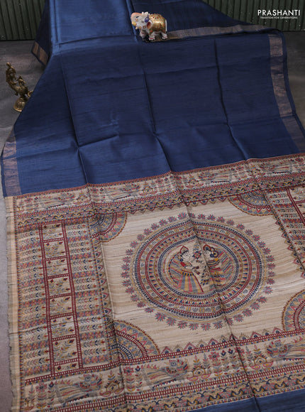 Pure dupion silk saree peacock blue and beige with plain body and madhubani printed pallu