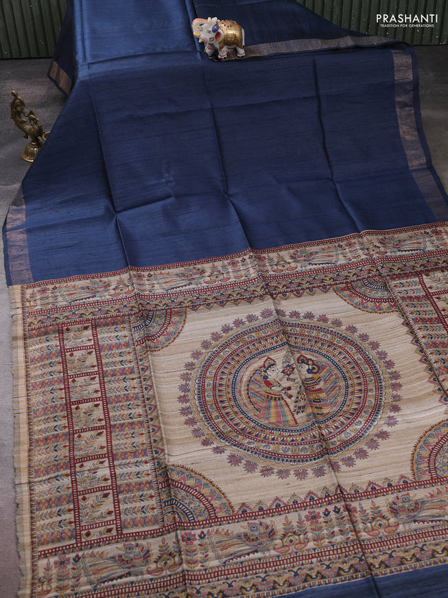 Pure dupion silk saree peacock blue and beige with plain body and madhubani printed pallu