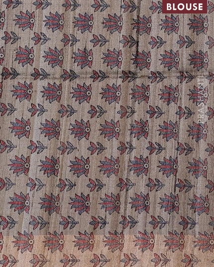 Pure dupion silk saree peacock blue and beige with plain body and madhubani printed pallu