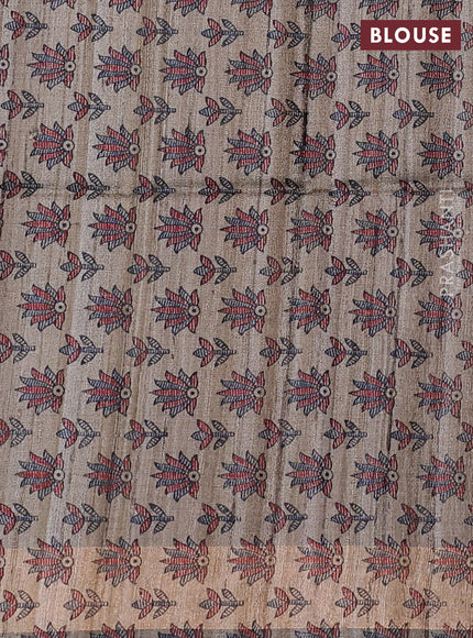 Pure dupion silk saree peacock blue and beige with plain body and madhubani printed pallu