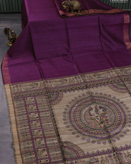 Pure dupion silk saree wine shade and beige with plain body and madhubani printed pallu