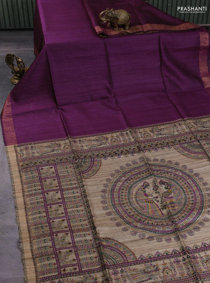 Pure dupion silk saree wine shade and beige with plain body and madhubani printed pallu