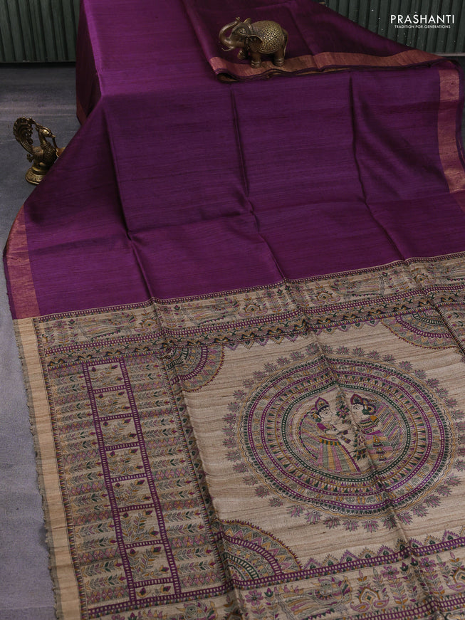 Pure dupion silk saree wine shade and beige with plain body and madhubani printed pallu