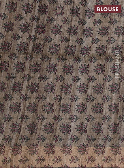 Pure dupion silk saree wine shade and beige with plain body and madhubani printed pallu