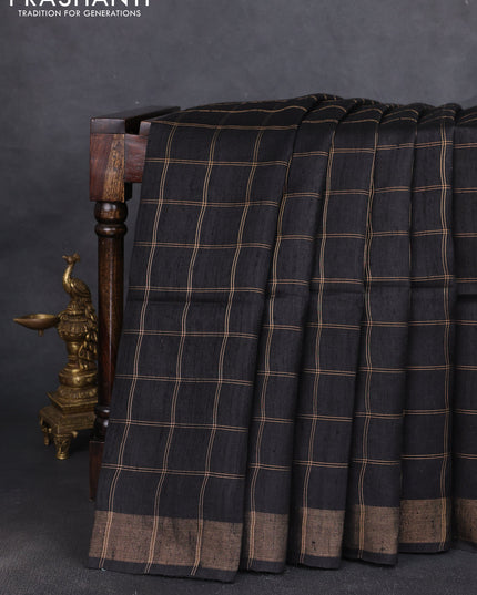 Pure dupion silk saree black and beige with allover zari woven checked pattern and madhubani printed pallu