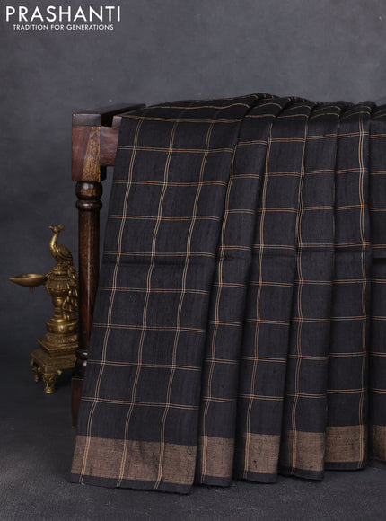 Pure dupion silk saree black and beige with allover zari woven checked pattern and madhubani printed pallu