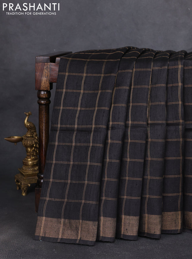 Pure dupion silk saree black and beige with allover zari woven checked pattern and madhubani printed pallu
