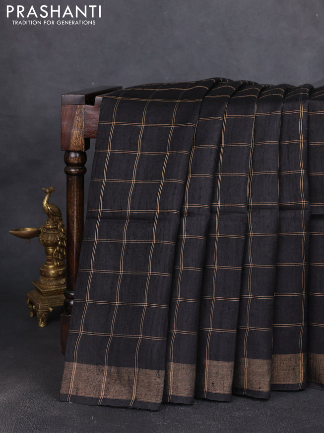 Pure dupion silk saree black and beige with allover zari woven checked pattern and madhubani printed pallu