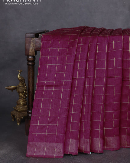 Pure dupion silk saree maroon and beige with allover zari woven checked pattern and madhubani printed pallu