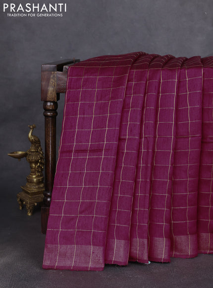 Pure dupion silk saree maroon and beige with allover zari woven checked pattern and madhubani printed pallu