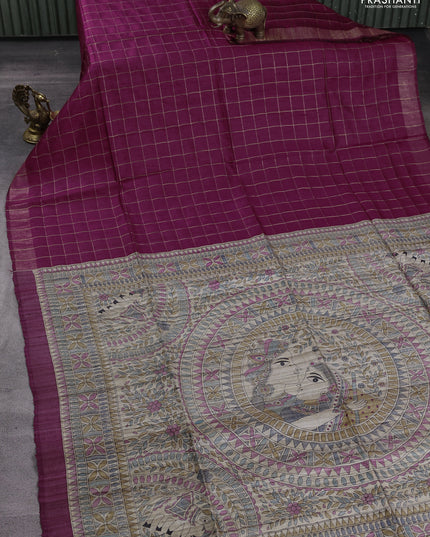Pure dupion silk saree maroon and beige with allover zari woven checked pattern and madhubani printed pallu