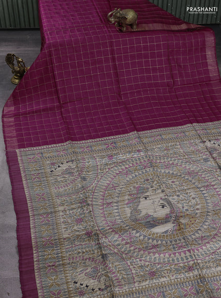 Pure dupion silk saree maroon and beige with allover zari woven checked pattern and madhubani printed pallu