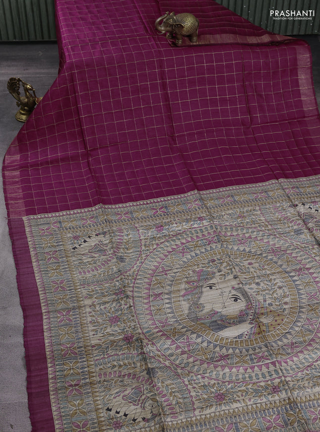 Pure dupion silk saree maroon and beige with allover zari woven checked pattern and madhubani printed pallu