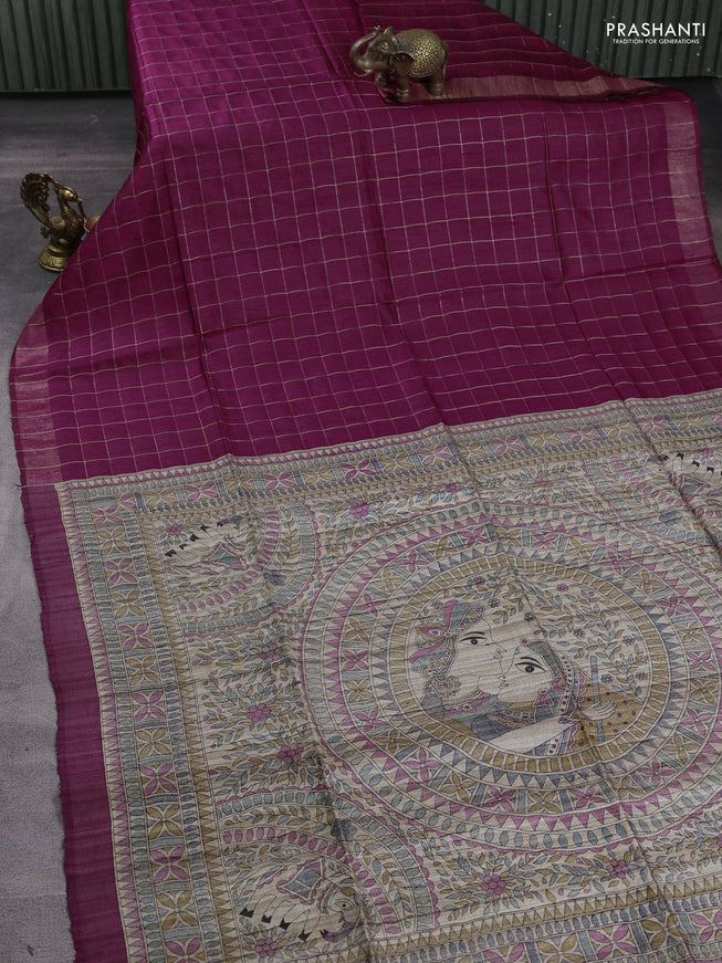 Pure dupion silk saree maroon and beige with allover zari woven checked pattern and madhubani printed pallu