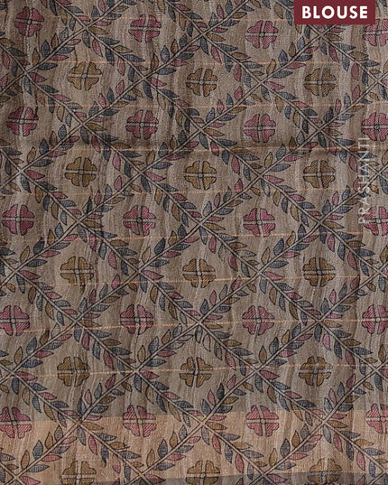 Pure dupion silk saree maroon and beige with allover zari woven checked pattern and madhubani printed pallu