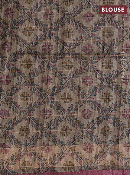 Pure dupion silk saree maroon and beige with allover zari woven checked pattern and madhubani printed pallu