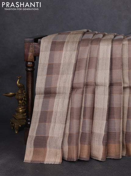 Pure dupion silk saree beige grey and grey with allover zari woven checked pattern and concept printed pallu