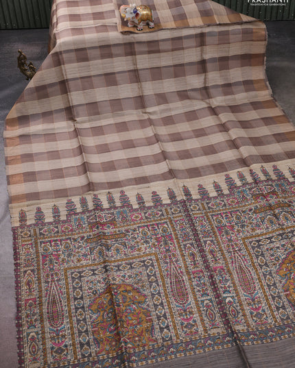 Pure dupion silk saree beige grey and grey with allover zari woven checked pattern and concept printed pallu