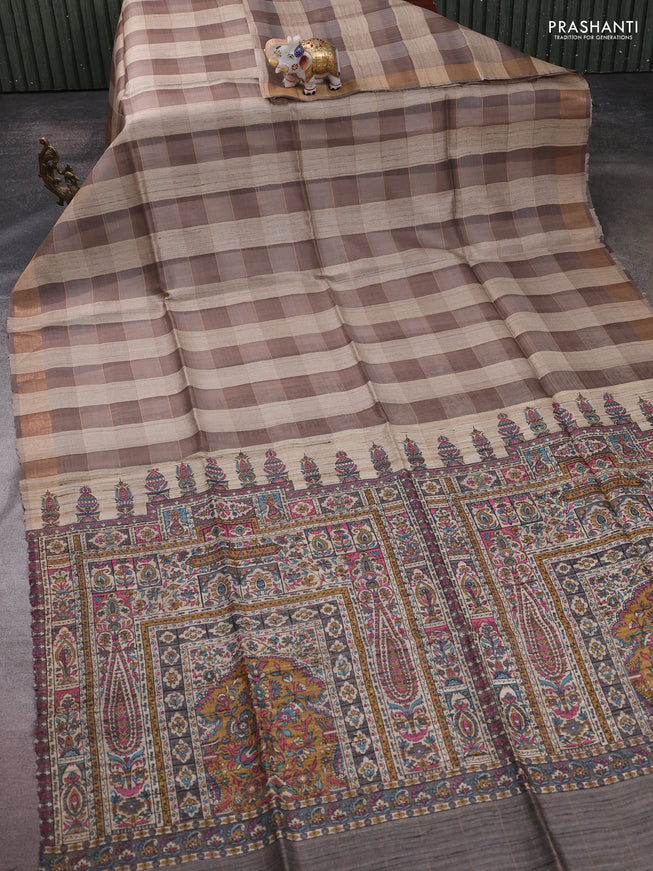 Pure dupion silk saree beige grey and grey with allover zari woven checked pattern and concept printed pallu