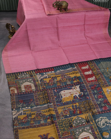 Pure dupion silk saree dark peach pink and multi colour with plain body and concept printed pallu