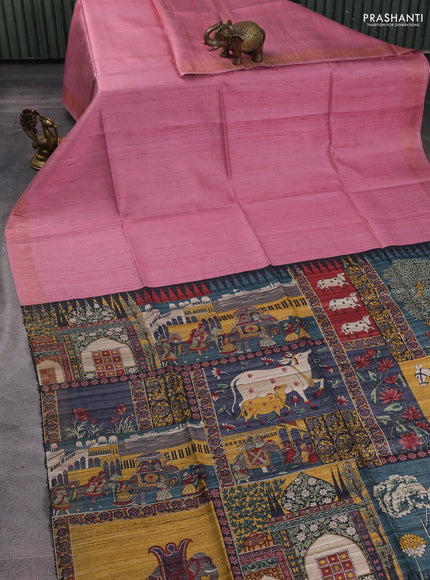 Pure dupion silk saree dark peach pink and multi colour with plain body and concept printed pallu