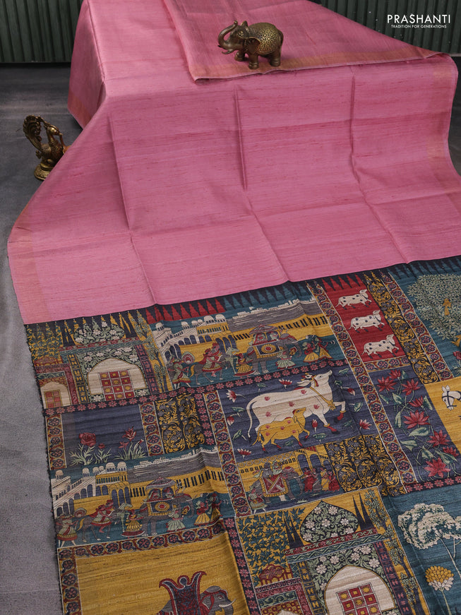 Pure dupion silk saree dark peach pink and multi colour with plain body and concept printed pallu