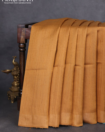 Pure dupion silk saree dark mustard and multi colour with plain body and concept printed pallu