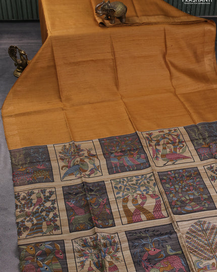 Pure dupion silk saree dark mustard and multi colour with plain body and concept printed pallu